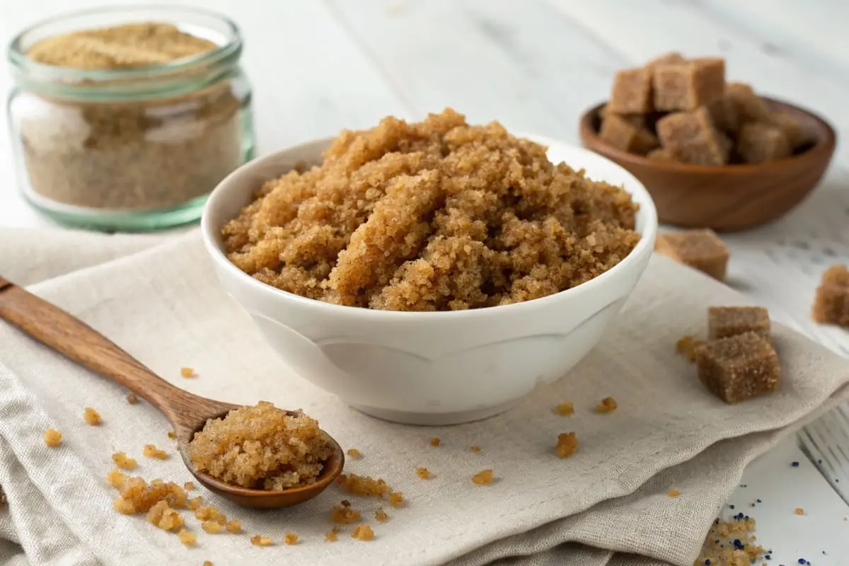 A jar of homemade brown sugar with a scoop, surrounded by molasses and granulated sugar on a rustic wooden table.