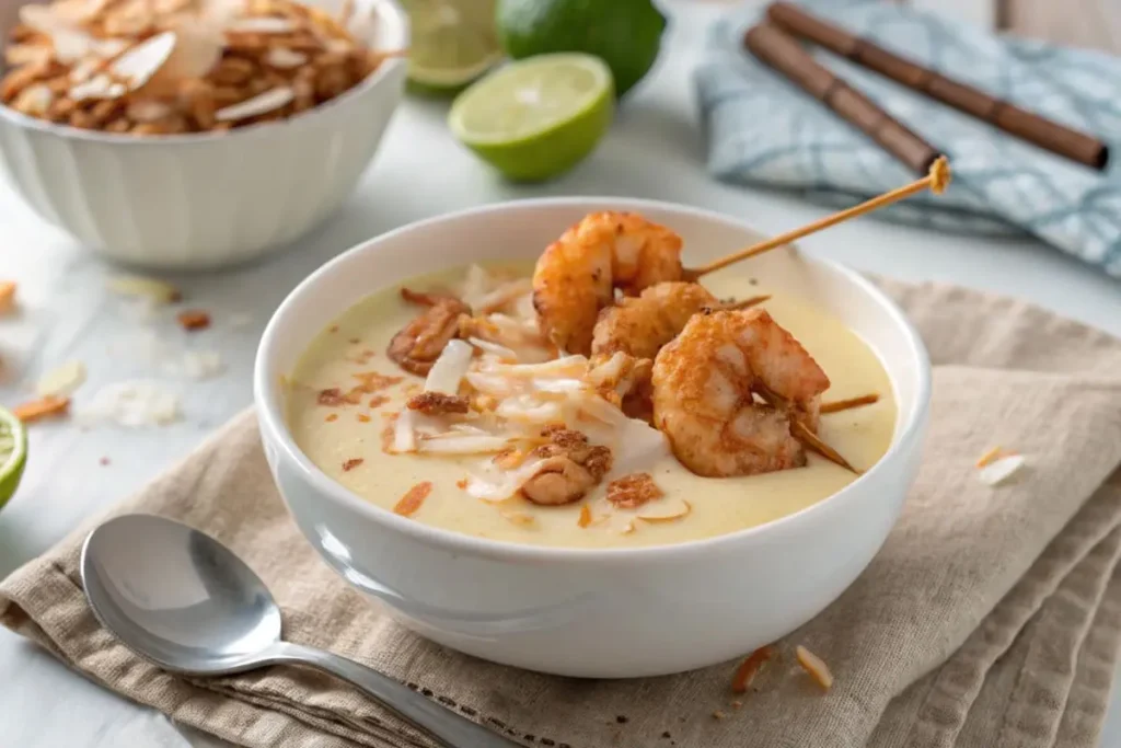 A bowl of creamy Chinese coconut shrimp sauce garnished with shredded coconut, surrounded by golden shrimp on a white plate.