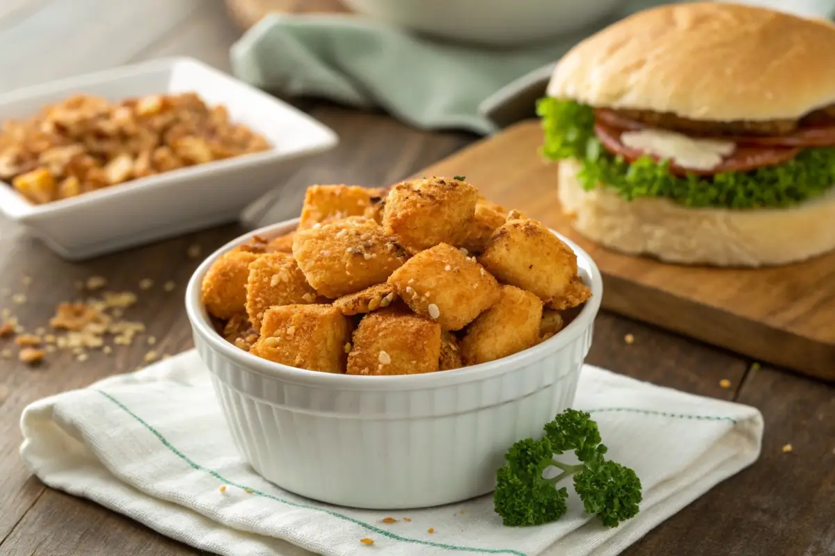 A close-up of a Subway sandwich topped with Subway Crunch, highlighting the golden, crispy texture and seasoned breadcrumbs that enhance the flavor and appeal of the sandwich.