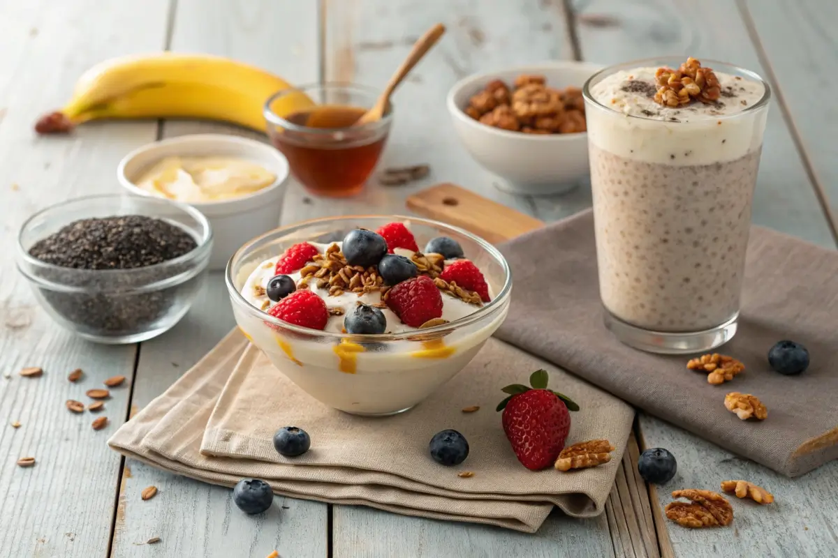 Sweet high protein snack options with fruit and yogurt.