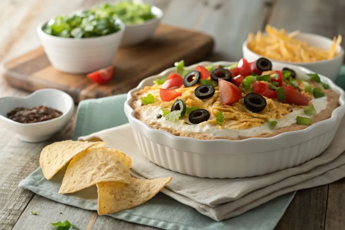 A colorful taco dip layered with seasoned cream cheese, salsa, shredded cheese, and fresh toppings like lettuce and tomatoes, served with tortilla chips.