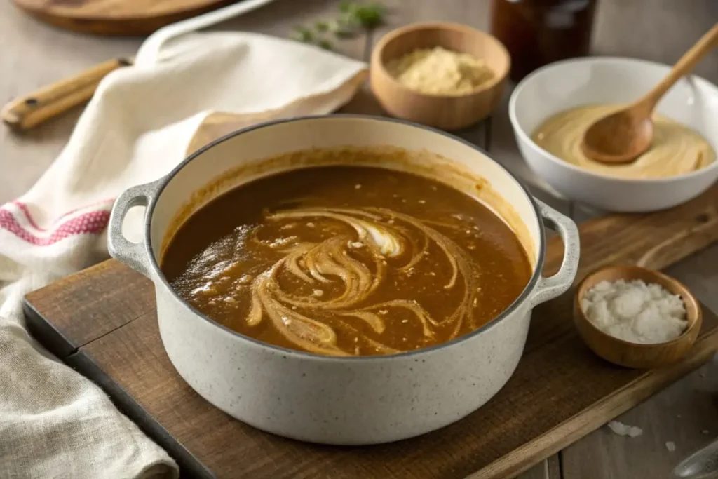 A rich and glossy brown gravy poured from a gravy boat over mashed potatoes, garnished with fresh thyme and pepper.