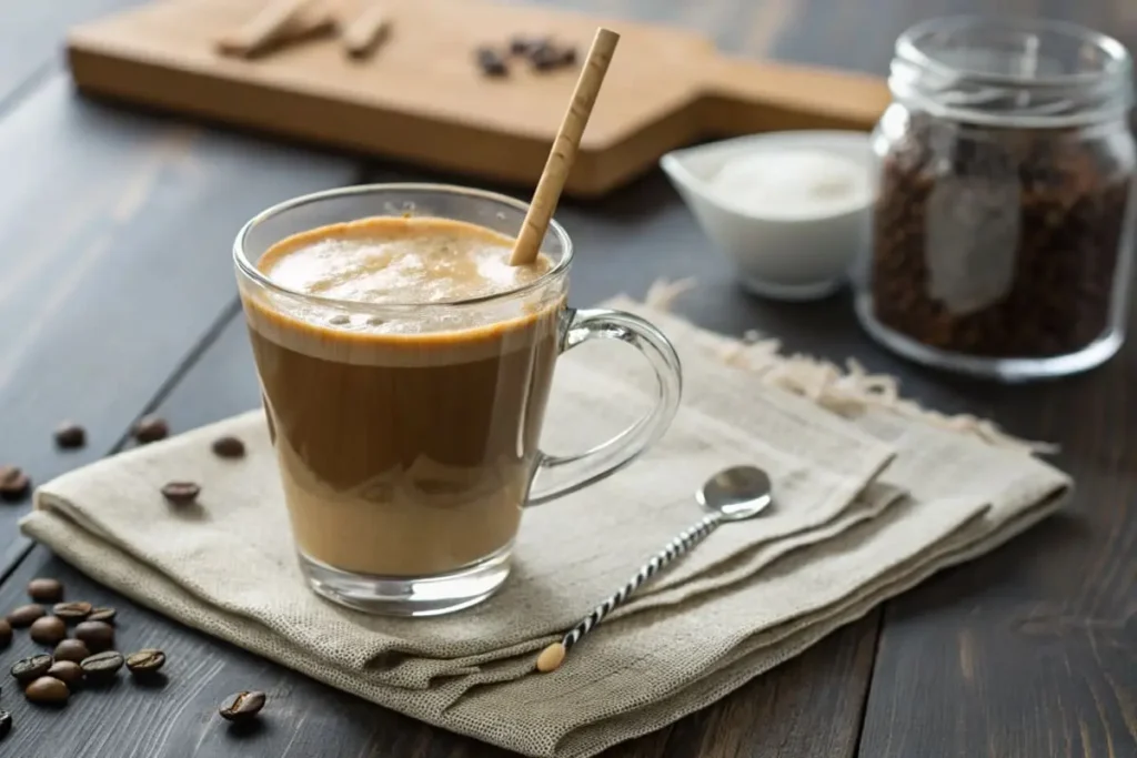 A glass of iced Javy coffee with milk swirls, served with a spoon and Javy coffee concentrate bottle on a wooden table.