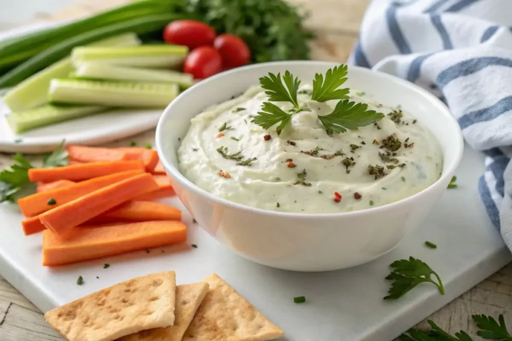 A bowl of creamy vegetable dip surrounded by fresh vegetables like carrots, celery, and bell peppers on a rustic wooden platter.