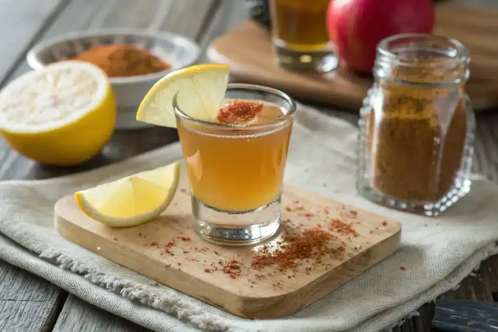 A small glass of apple cider vinegar shot garnished with a slice of lemon and a drizzle of honey, surrounded by fresh ginger and cinnamon sticks.