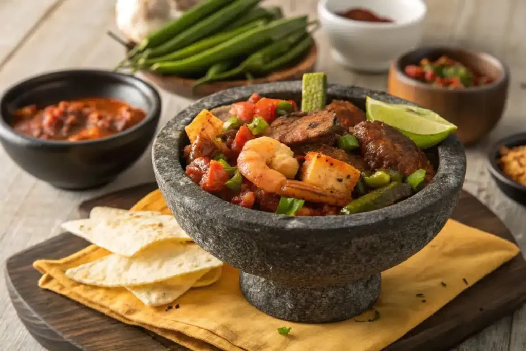 A traditional molcajete filled with sizzling grilled meats, shrimp, charred vegetables, and a rich, spicy sauce, garnished with fresh cilantro and lime wedges.