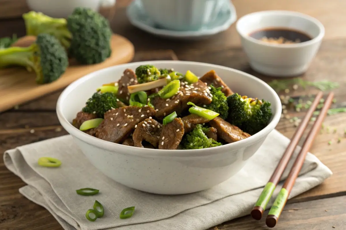 A plate of beef and broccoli stir-fry with tender beef slices and crisp broccoli florets coated in a glossy soy-based sauce, served with steamed rice.