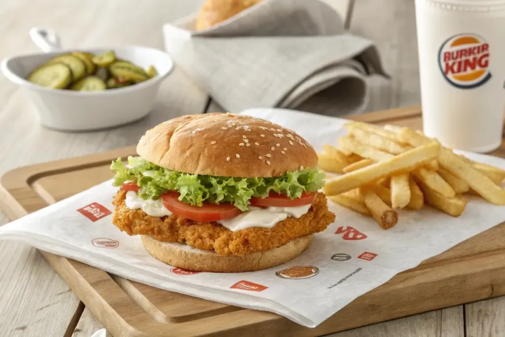 A variety of Burger King chicken sandwiches, including the Original Chicken Sandwich, Spicy Ch’King, and Classic Ch’King, served with fries and a drink.