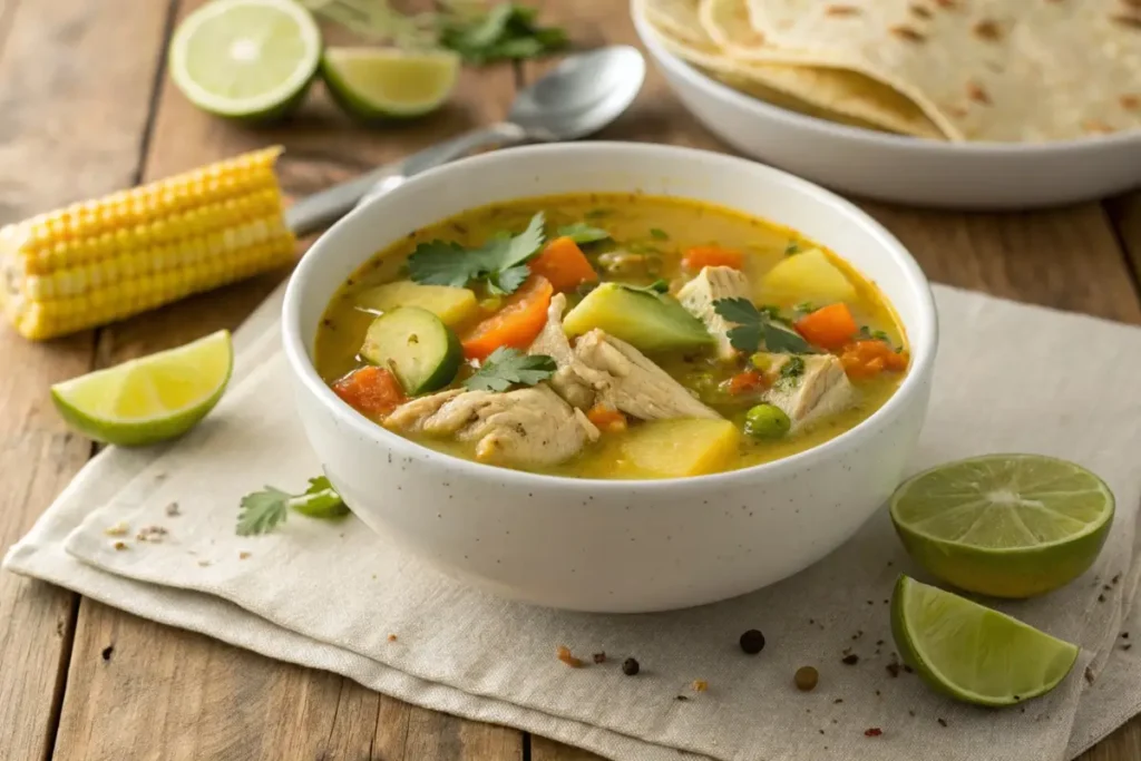 A steaming bowl of caldo de pollo (Mexican chicken soup) filled with tender chicken, carrots, zucchini, and corn on the cob, garnished with fresh cilantro and lime wedges.