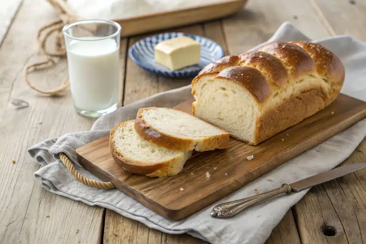 A loaf of freshly baked bread sliced on a wooden board, with a glass of Lactaid milk and ingredients like flour and yeast in the background.