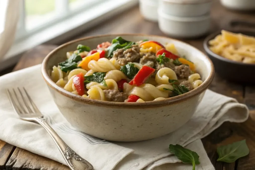 A bowl of creamy and cheesy homemade Hamburger Helper with ground beef and pasta.