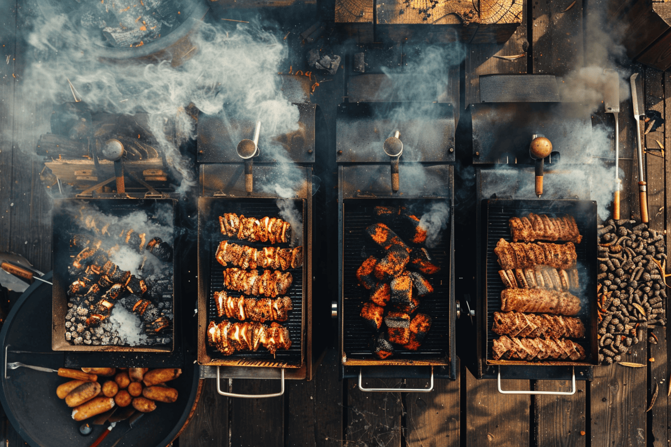 A variety of smokers, including offset, pellet, and electric, set up outdoors with meats being prepared.