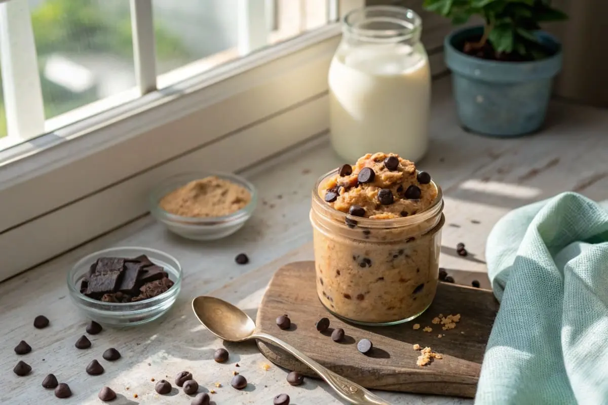 Edible cookie dough topped with chocolate chips sits in a small jar on a wooden cutting board.