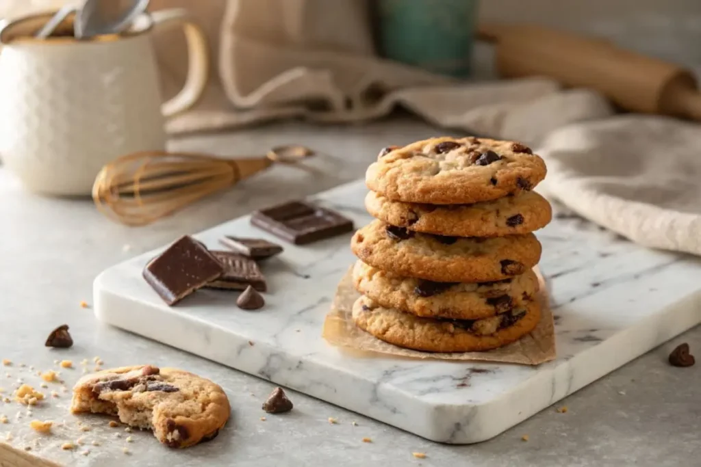 Delicious homemade cookies made without brown sugar, displayed on a rustic wooden board with a glass of milk.