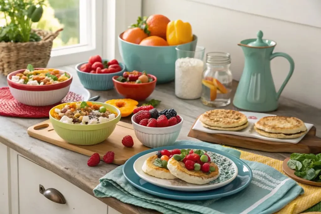 A kitchen counter is laden with colorful bowls of fresh fruit, yogurt parfaits, and toasted flatbreads.