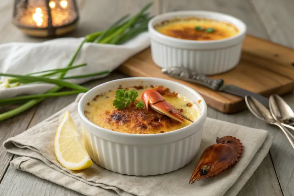 A dish of creamy crab brûlée with a caramelized golden crust, garnished with fresh herbs and served with crackers on the side.