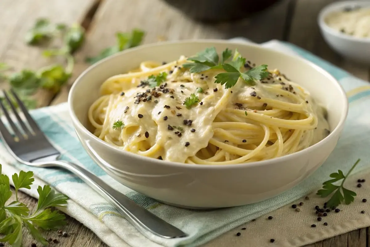 A creamy bowl of Boursin pasta garnished with fresh basil and cracked black pepper, served on a rustic wooden table.