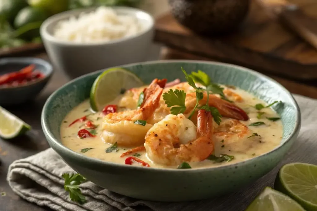 A bowl of creamy coconut curry soup with shrimp, red chili peppers, lime wedges, and cilantro.