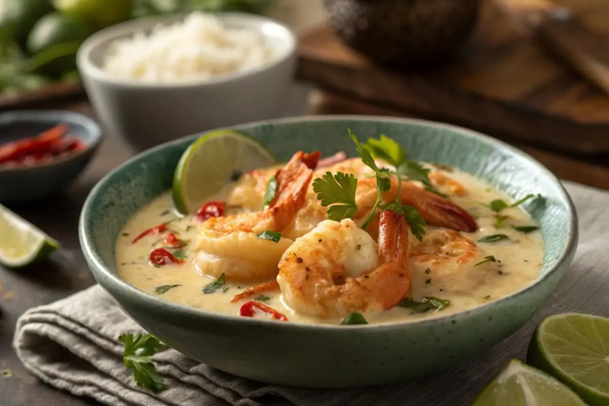 A bowl of creamy coconut curry soup with shrimp, red chili peppers, lime wedges, and cilantro.