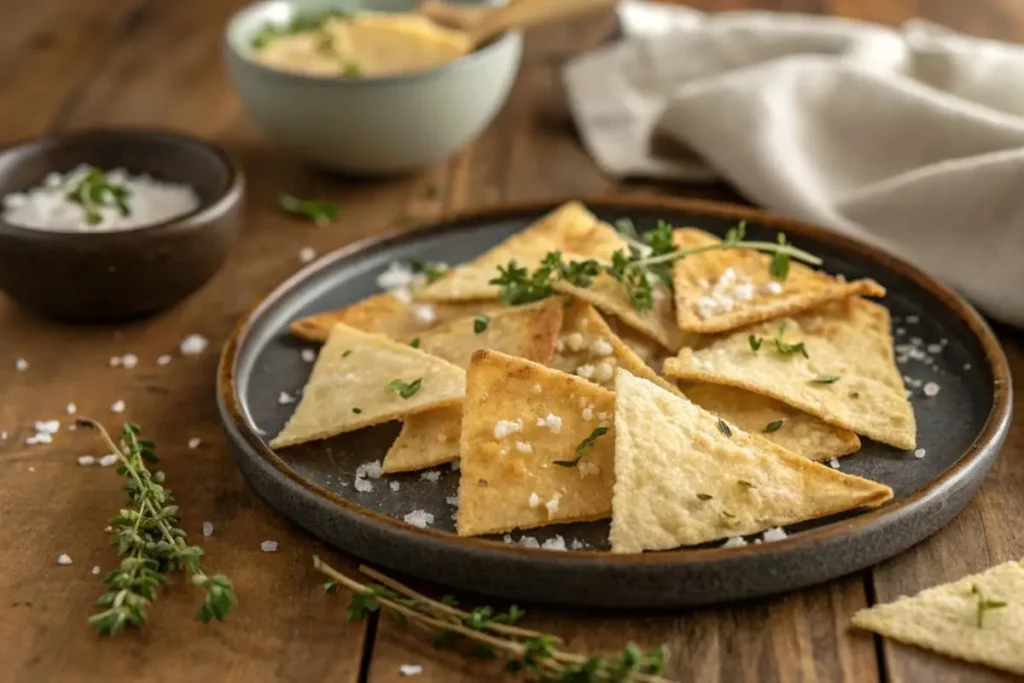 Crispy cottage cheese chips served on a wooden platter with a dip.