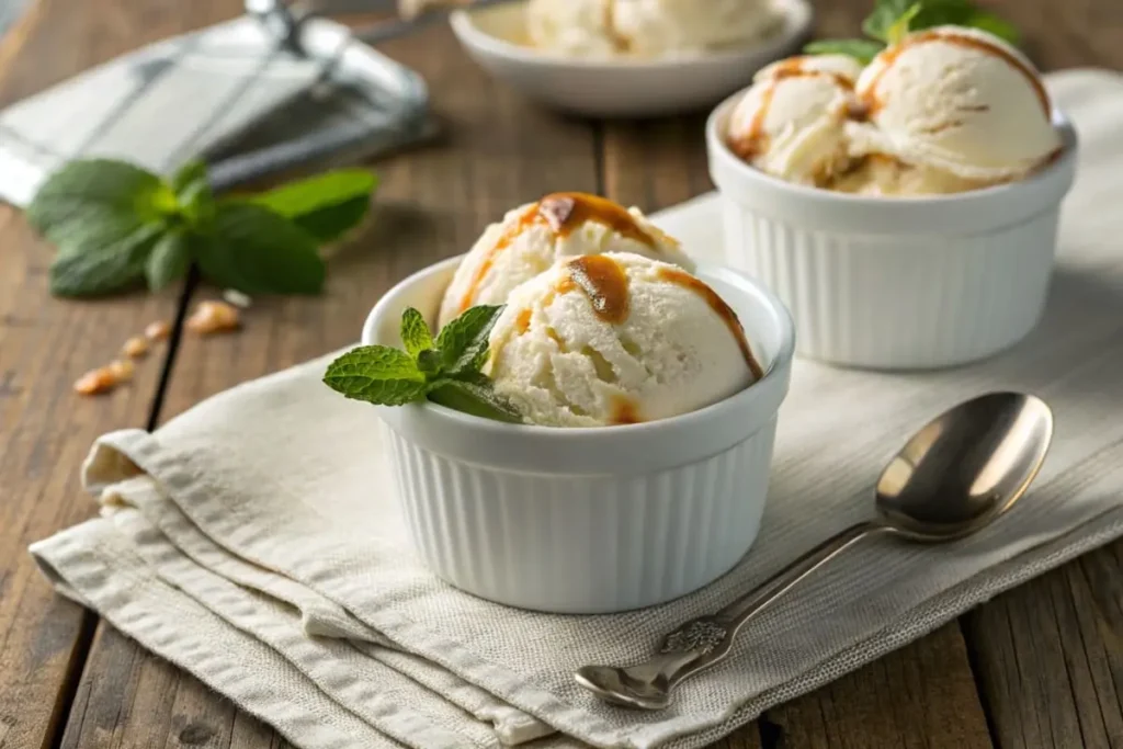 A bowl of homemade ice cream in vibrant flavors, including vanilla, chocolate, and strawberry, made with the KitchenAid Ice Cream Maker, garnished with fresh fruit and mint.