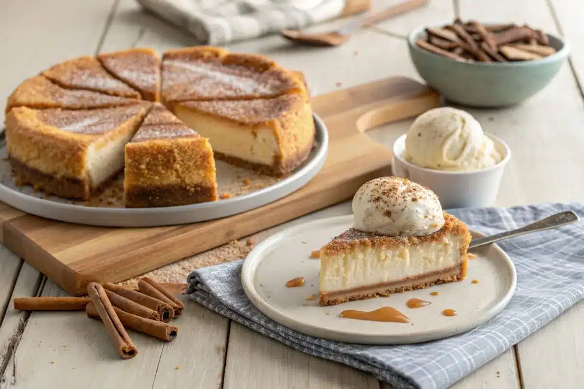 Churro cheesecake slices served on a platter, dusted with cinnamon sugar and paired with caramel and chocolate dipping sauces.