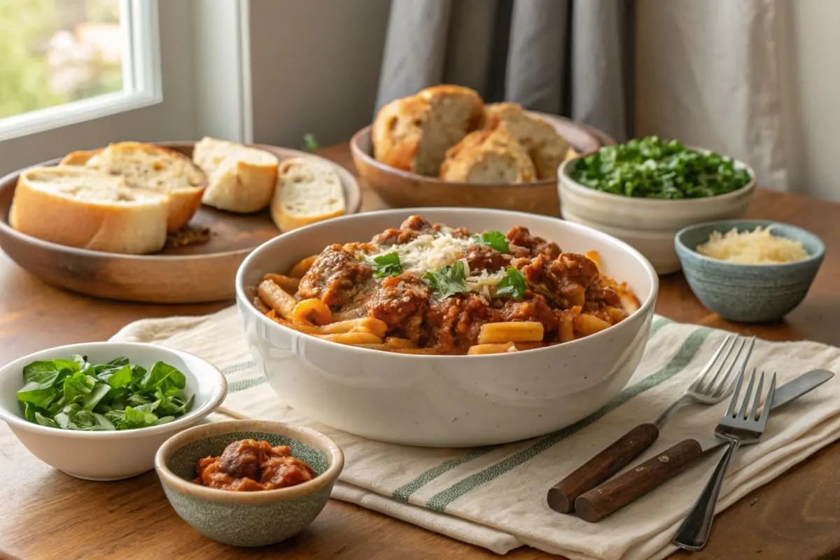 A bowl of beefaroni served with a side of garlic bread and a sprinkle of grated Parmesan cheese.