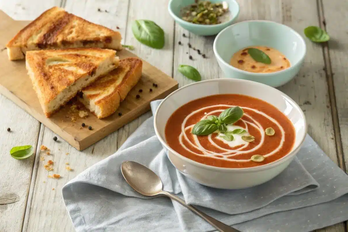 A steaming bowl of tomato soup served with a crispy grilled cheese sandwich on a wooden board.