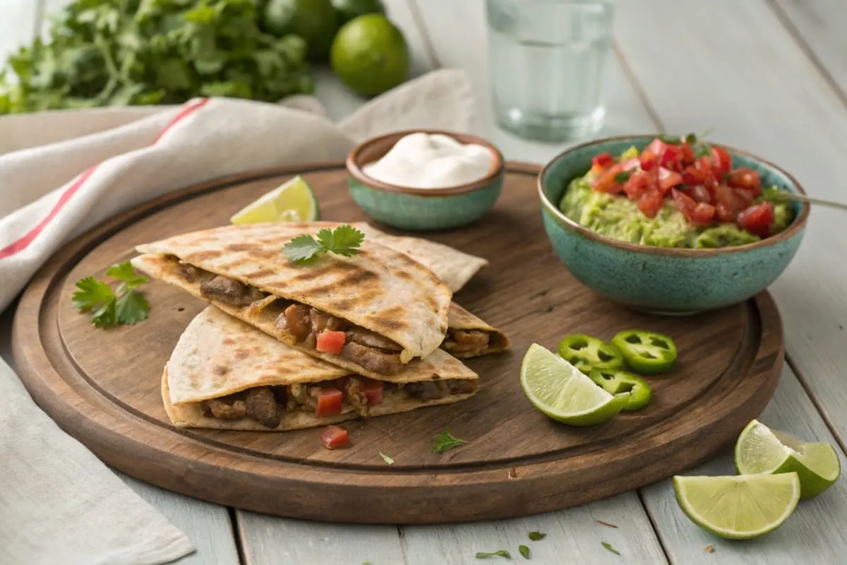 A steak quesadilla served with guacamole, sour cream, and salsa on a plate, garnished with fresh lime wedges.