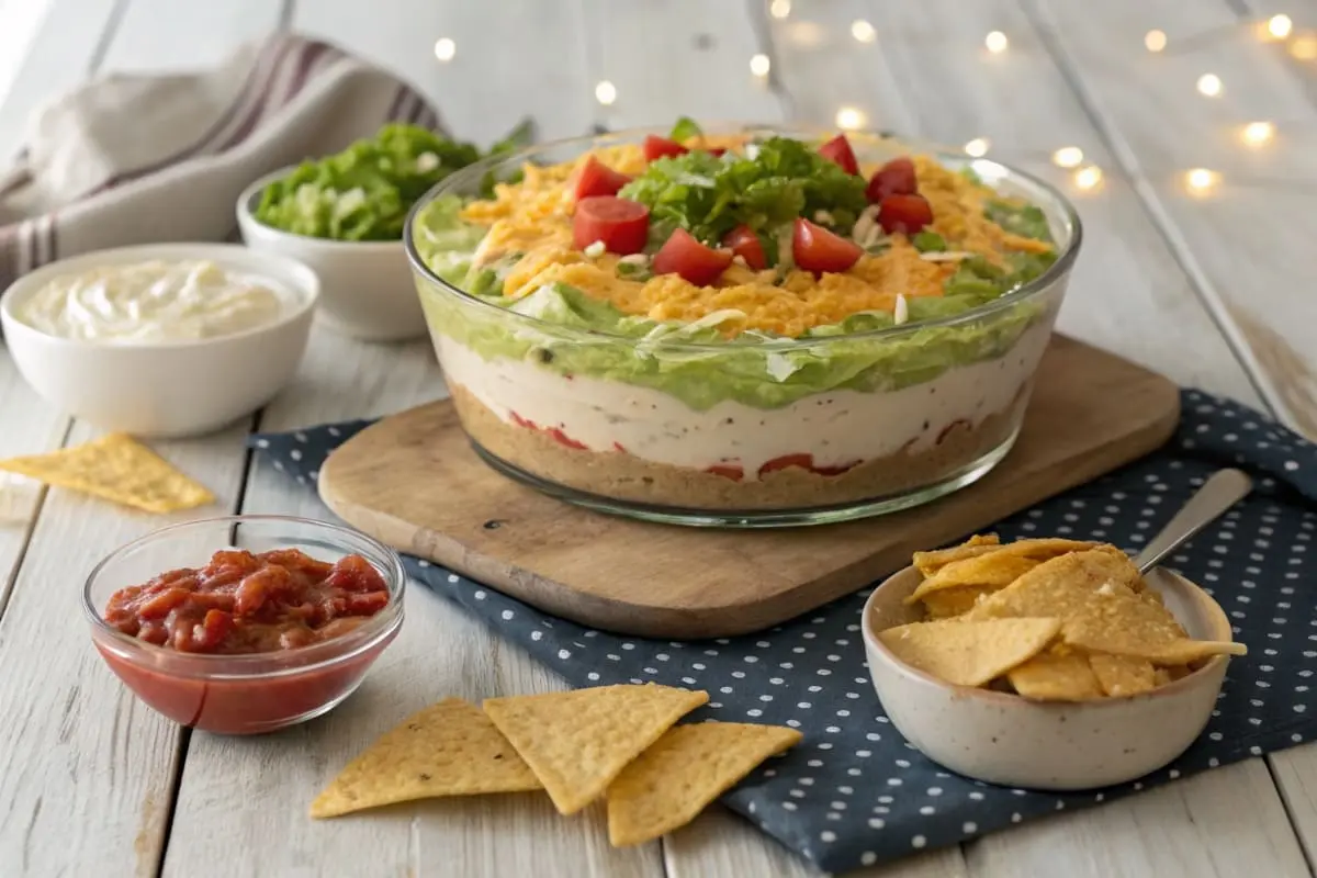 A dish of taco dip surrounded by tortilla chips and garnished with fresh cilantro and jalapeño slices.