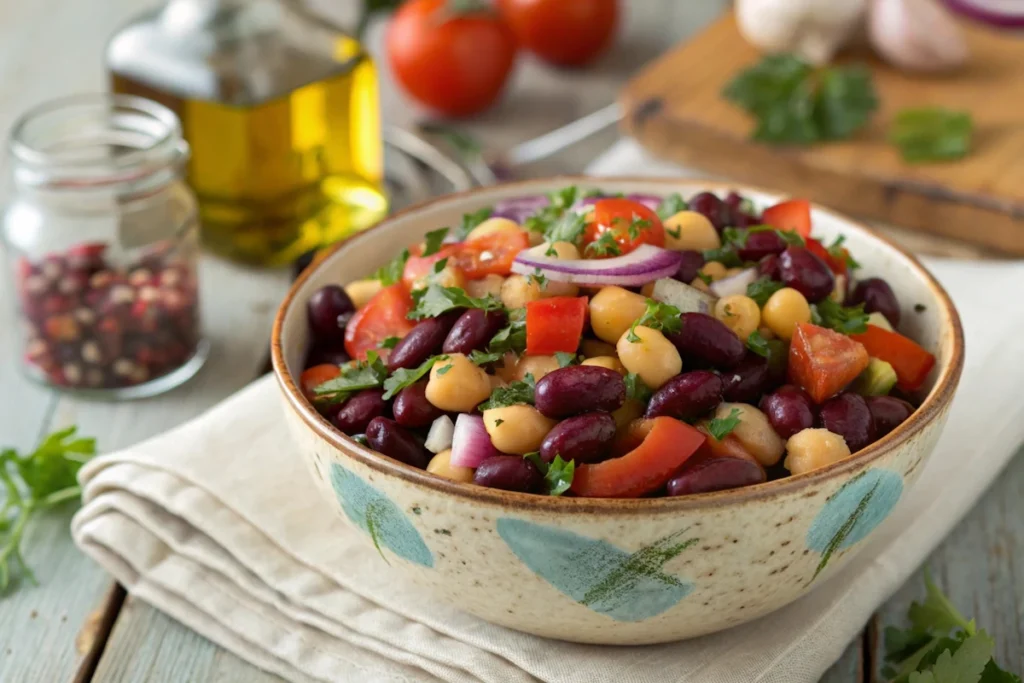 A colorful bean salad with chickpeas, kidney beans, tomatoes, red onions, and parsley sits in a bowl.