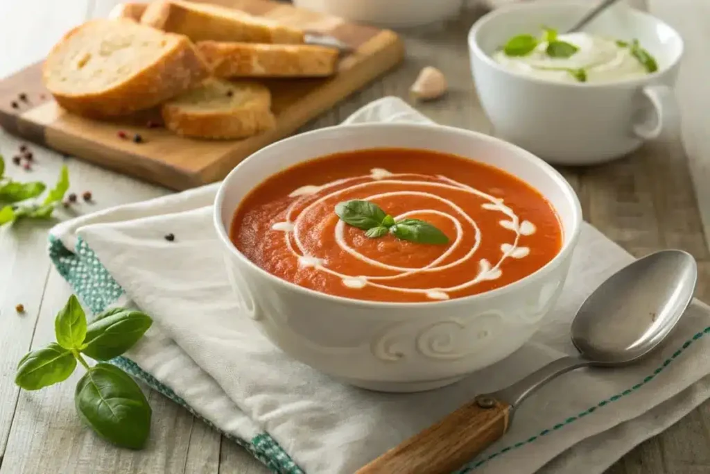 A bowl of creamy tomato soup garnished with fresh basil leaves and a swirl of cream, served with a side of toasted bread.