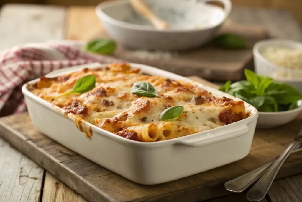 A casserole dish of baked ziti topped with bubbling, golden-brown cheese, garnished with fresh basil.