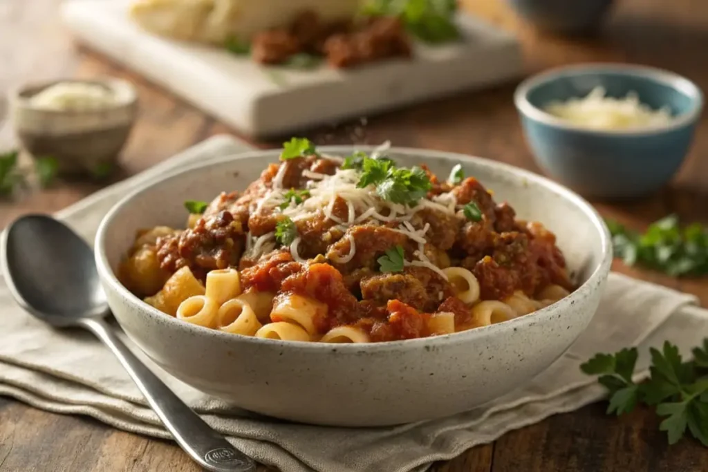 A bowl of homemade beefaroni with tender pasta, savory beef, and rich tomato sauce, garnished with fresh parsley.