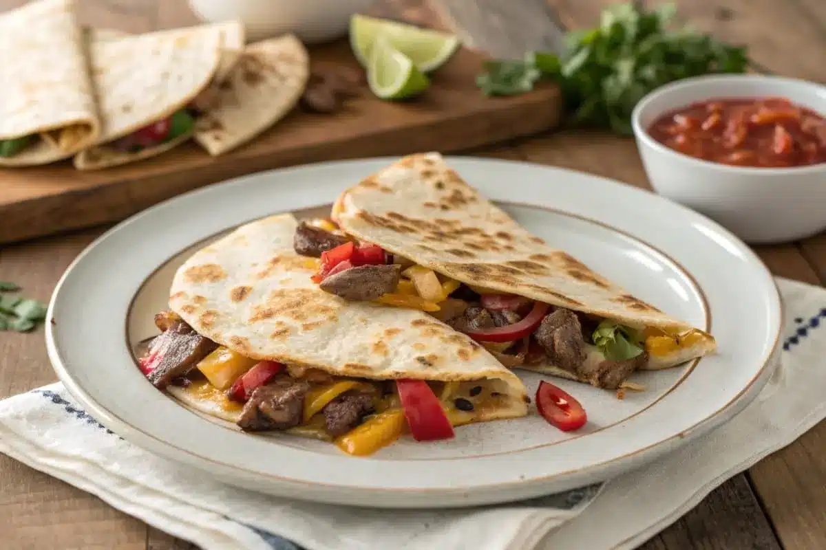 A golden-brown steak quesadilla sliced into wedges, filled with tender steak, melted cheese, and colorful peppers, garnished with fresh cilantro.