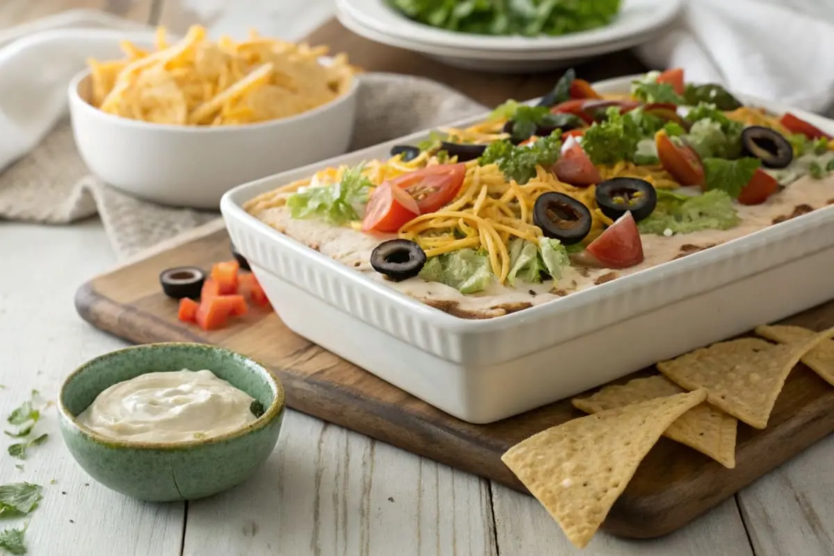 A vibrant taco dip layered with sour cream, salsa, shredded cheese, lettuce, and diced tomatoes, served with tortilla chips on a colorful platter.