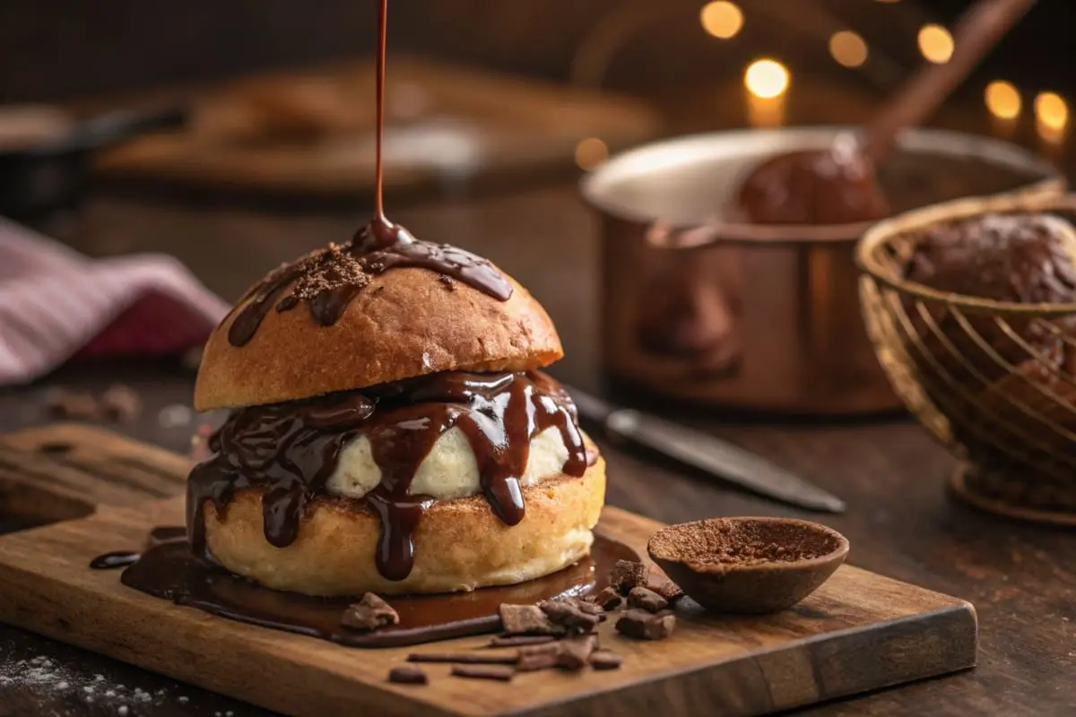 A brioche bun filled with ice cream is being drizzled with chocolate sauce.