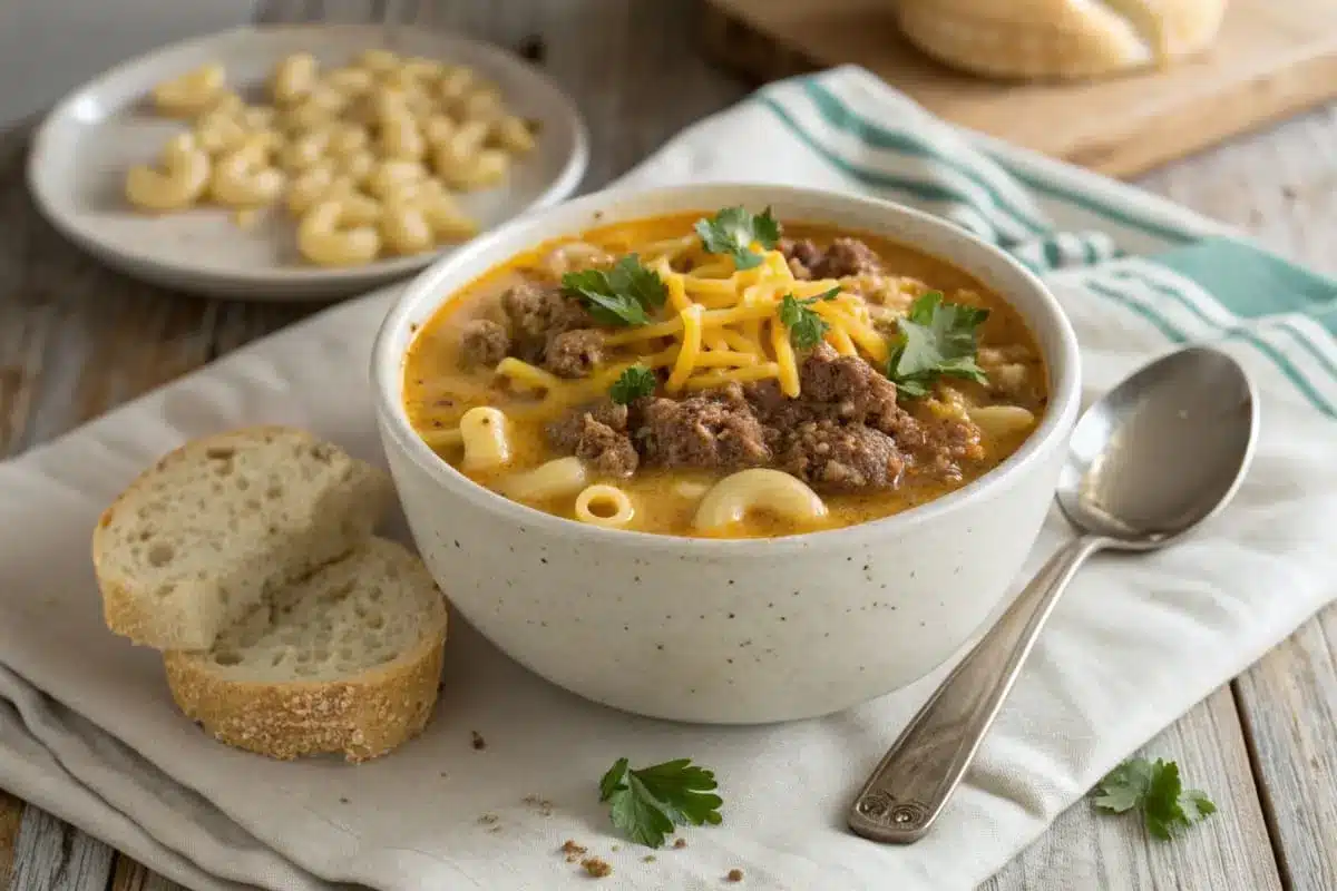 A steaming bowl of one-pot macaroni cheeseburger soup filled with tender pasta, ground beef, and melted cheese, garnished with fresh parsley.