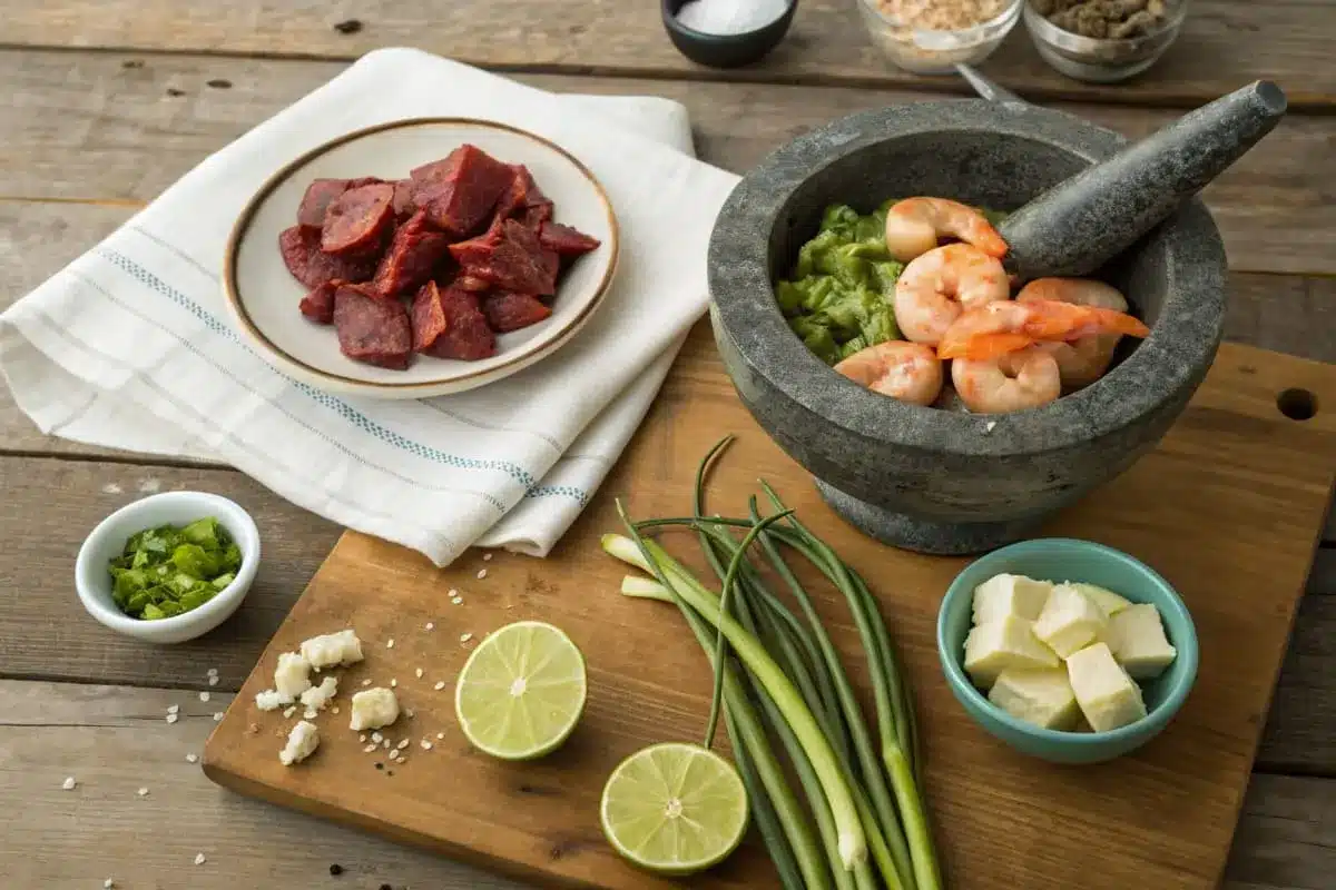 Fresh ingredients for a molcajete, including steak, shrimp, poblano peppers, tomatoes, onions, garlic, and spices, laid out on a kitchen counter.