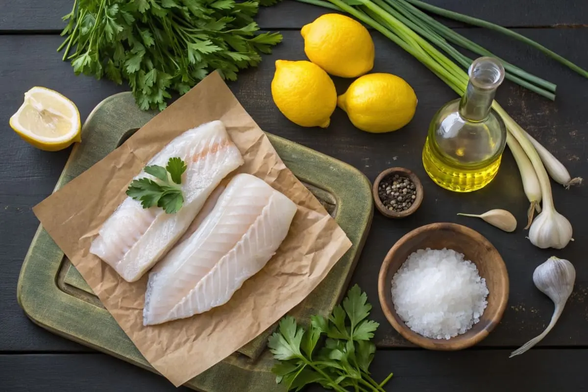 Fresh sablefish fillet, lemon, garlic, olive oil, and herbs neatly arranged on a kitchen counter.