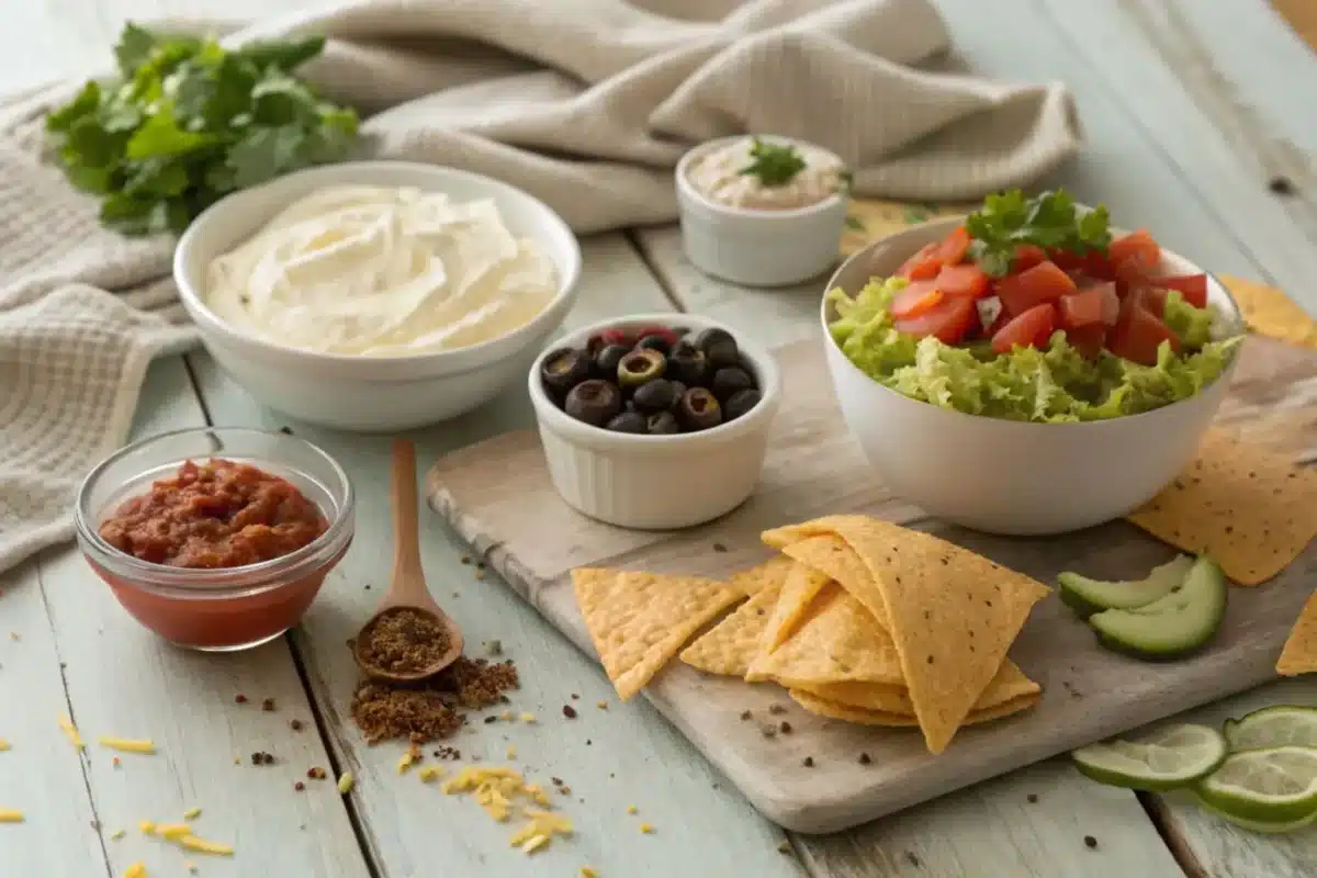 Ingredients for taco dip, including cream cheese, sour cream, salsa, taco seasoning, shredded cheese, and fresh vegetables arranged on a countertop.