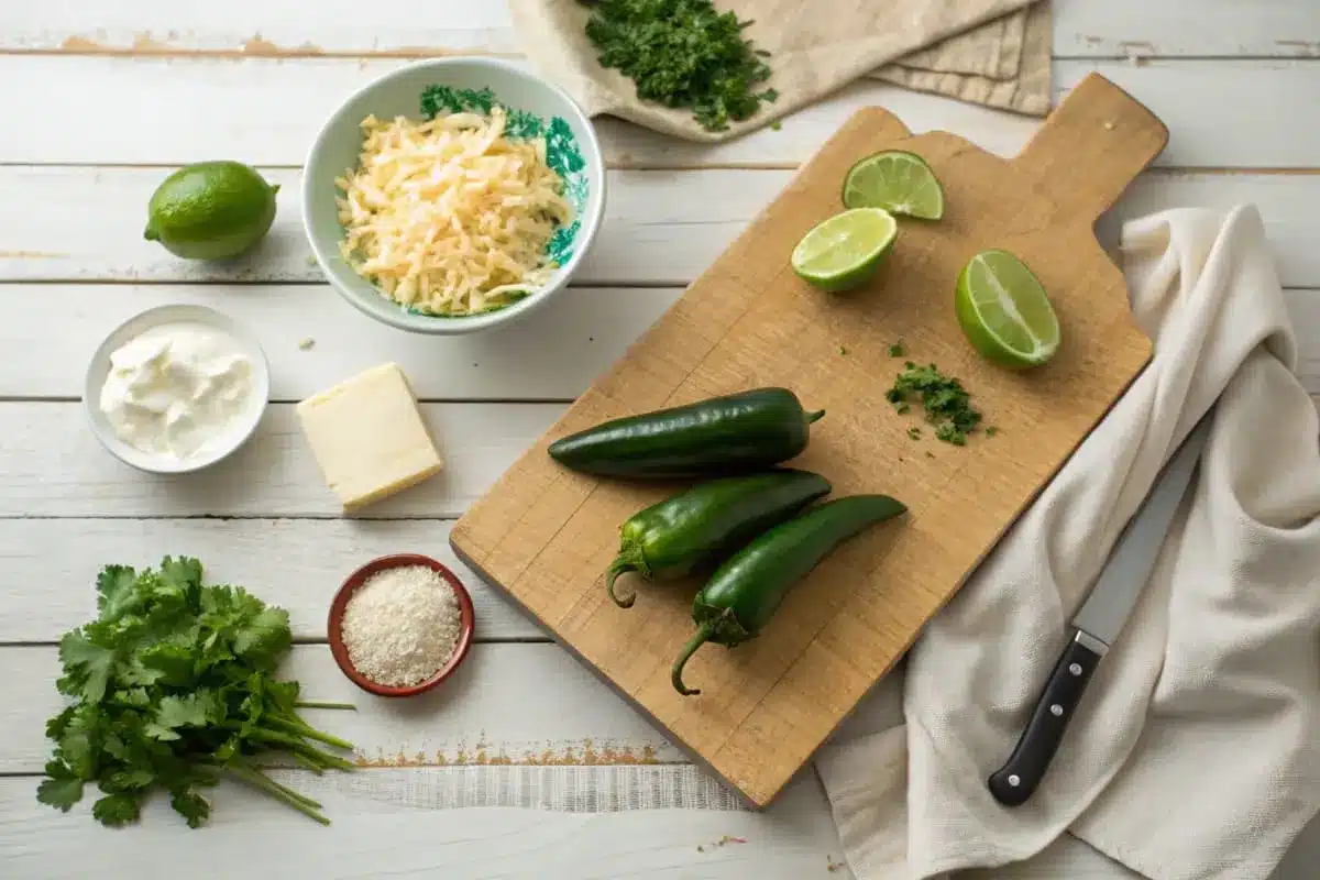 Fresh Serrano peppers, tomatoes, onions, garlic, and spices arranged on a cutting board with a mortar and pestle.