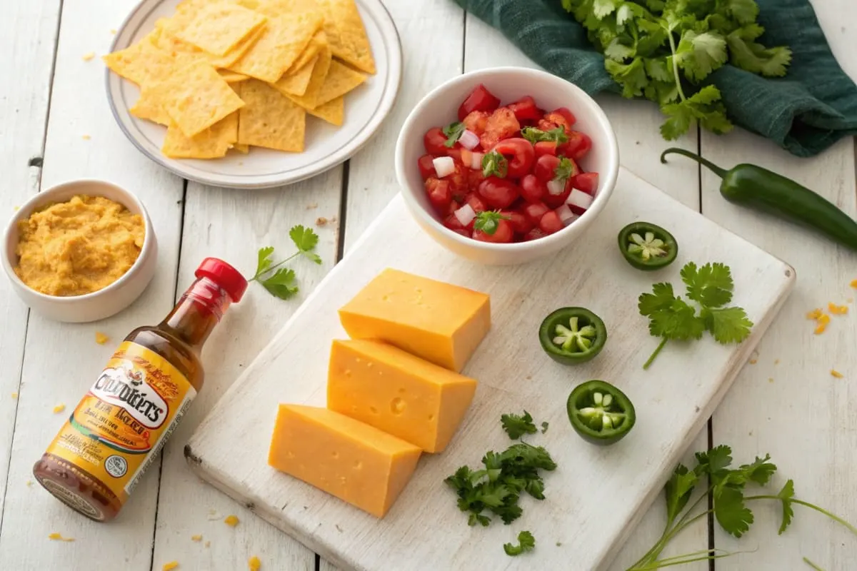 Ingredients for smoked queso, including blocks of cheese, diced tomatoes, jalapeños, ground beef, and spices laid out on a wooden counter.