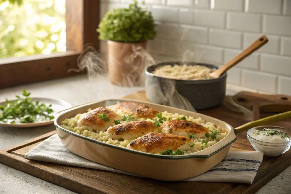 Baked chicken breasts smothered in creamy mushroom sauce with golden-brown rice.