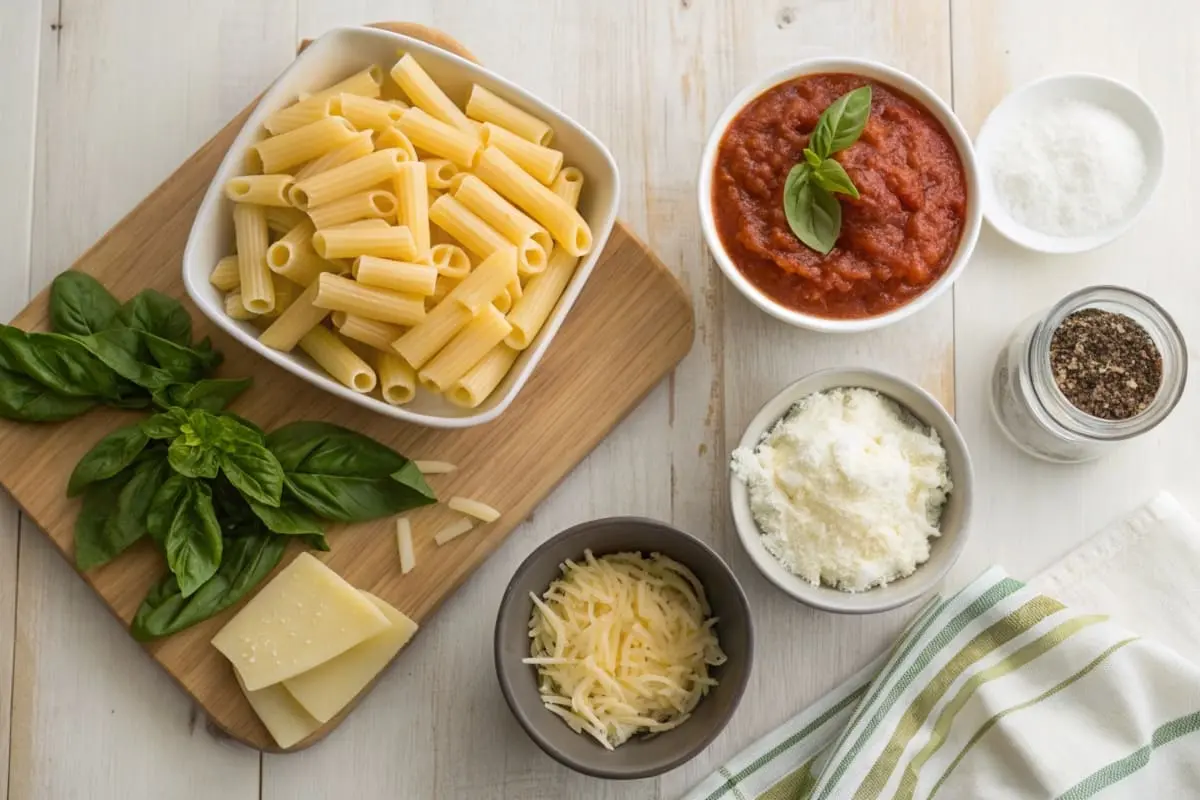 Ingredients for baked ziti, including pasta, marinara sauce, ricotta, mozzarella, Parmesan, and fresh basil laid out on a countertop.