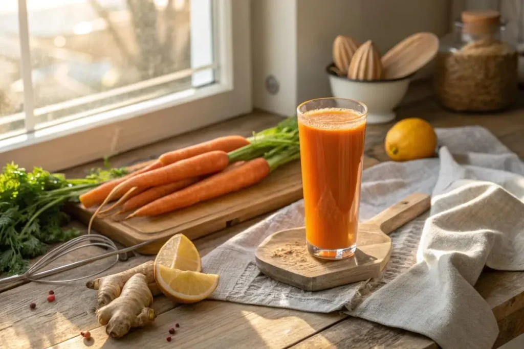 A refreshing glass of carrot juice garnished with a sprig of mint, surrounded by fresh carrots and orange slices.