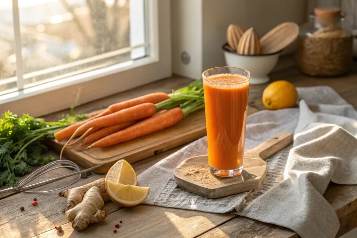 A refreshing glass of carrot juice garnished with a sprig of mint, surrounded by fresh carrots and orange slices.