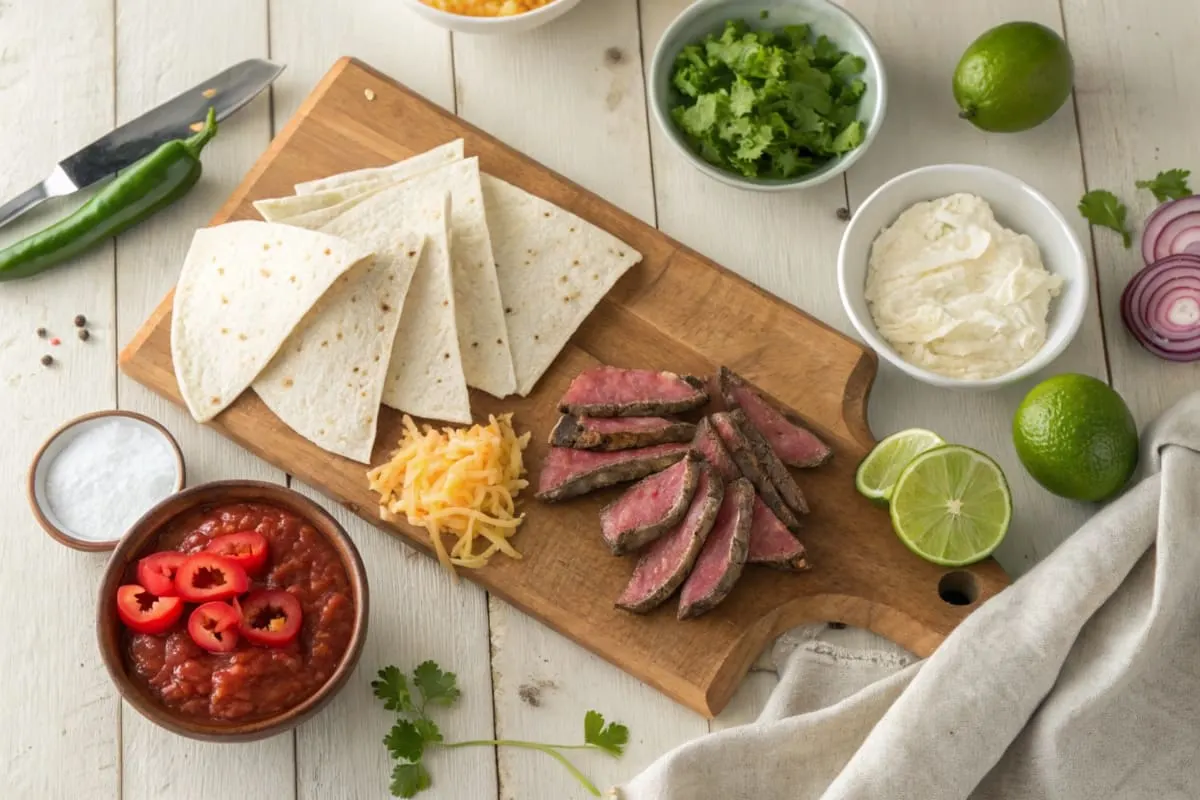 Sliced steak, shredded cheese, bell peppers, onions, and flour tortillas arranged neatly on a kitchen countertop.