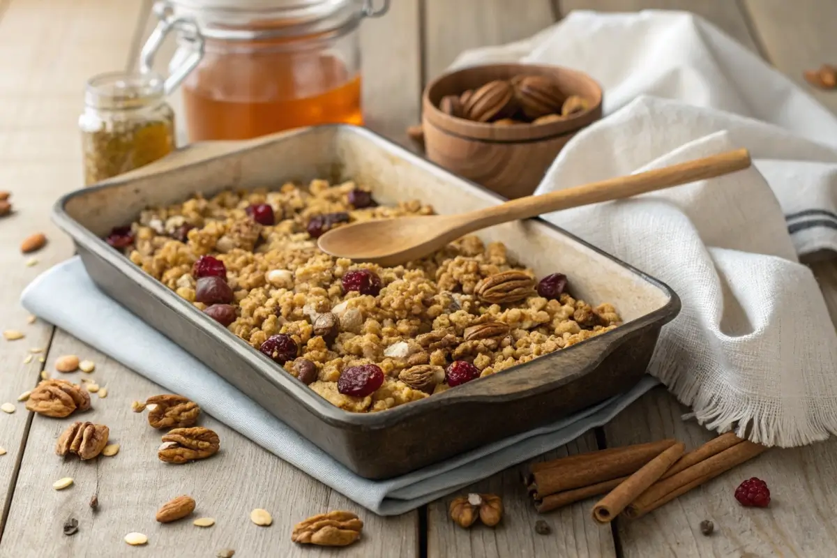 A tray of golden, homemade granola with oats, nuts, seeds, and dried fruit, served with a bowl of yogurt and fresh berries.