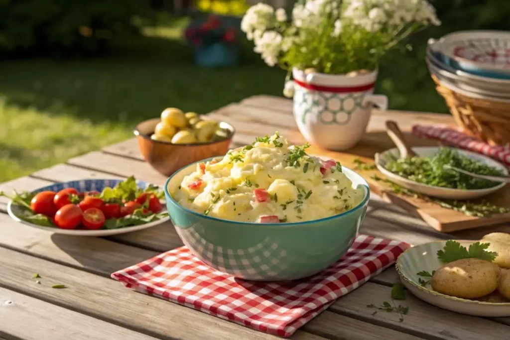 A bowl of potato salad sits on a picnic table outside.